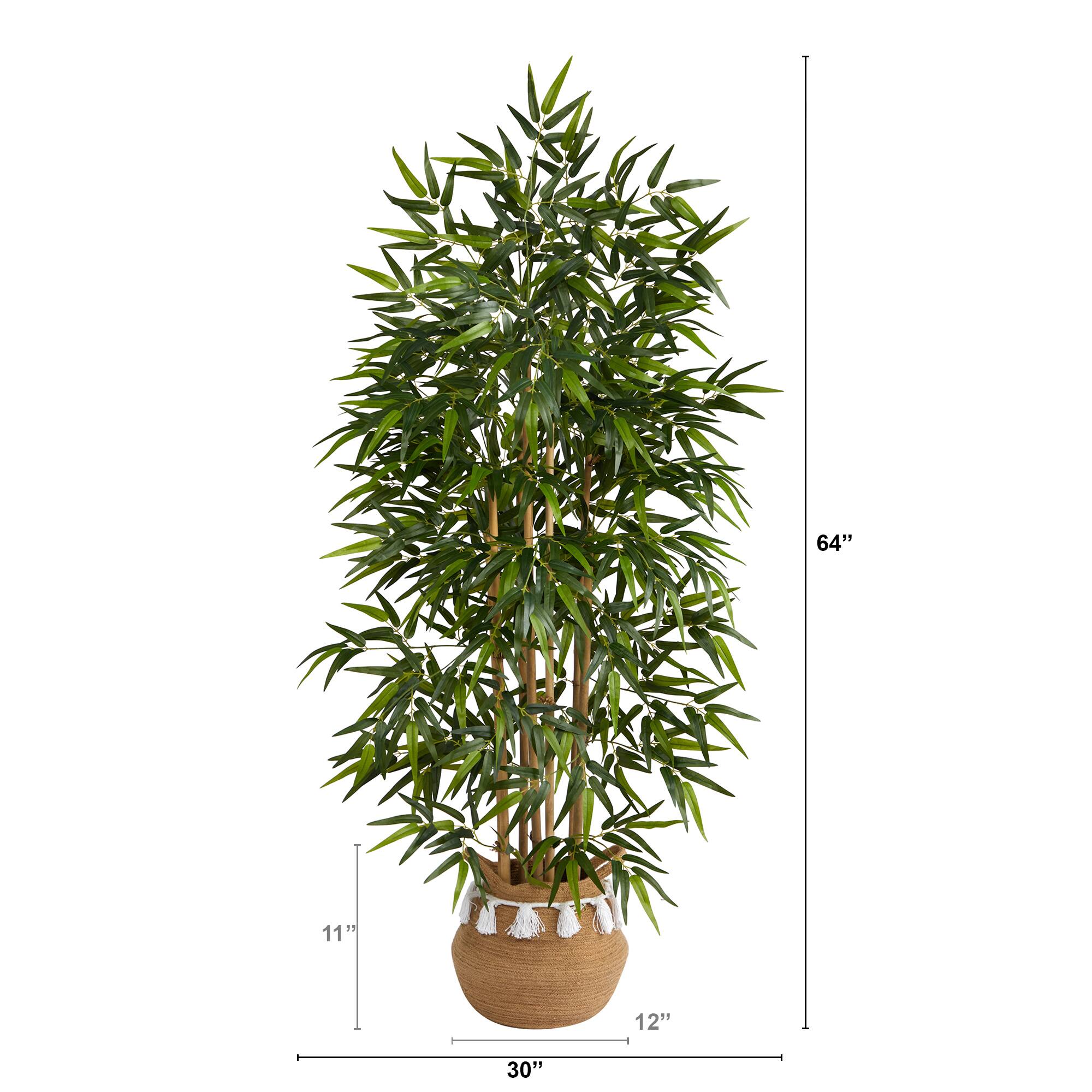 64" Bamboo Artificial Tree with Natural Bamboo Trunks in Boho Chic Handmade Natural Cotton Woven Planter with Tassels